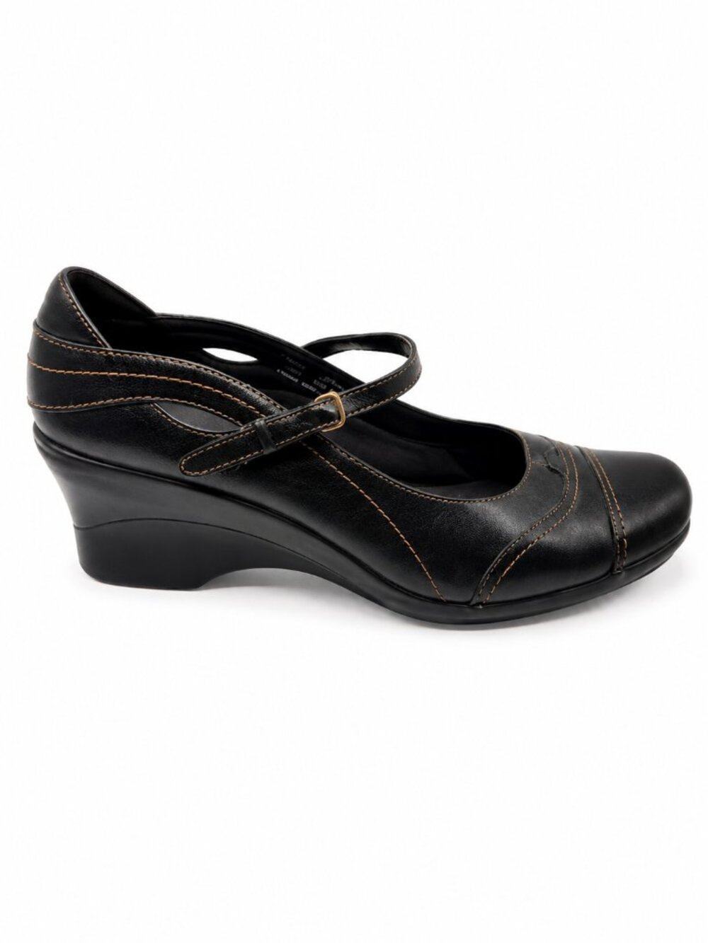 Clarks Black Leather Mary Jane Wedge Shoes Contrast Stitch 11M
